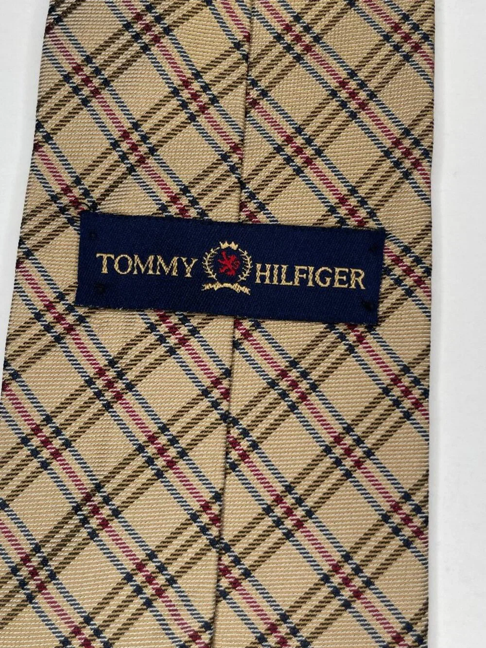 Tommy Hilfiger Dark Academia Plaid Silk Tie Beige Ivy League Vintage Necktie